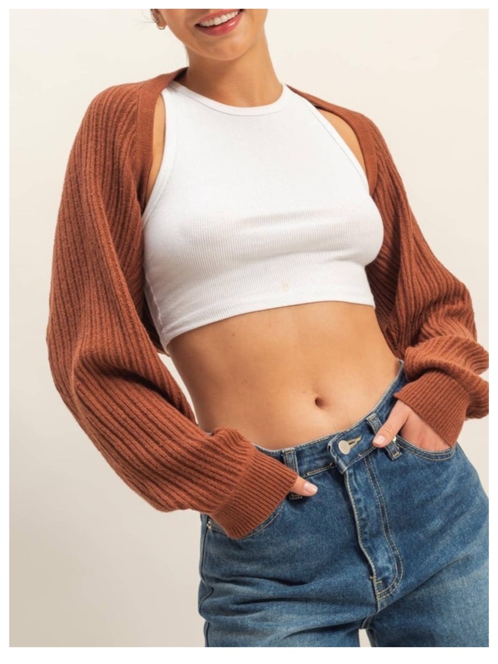 🟤NWT DOUBLE ZERO Ribbed Knit Bolero Cardigan in Chestnut